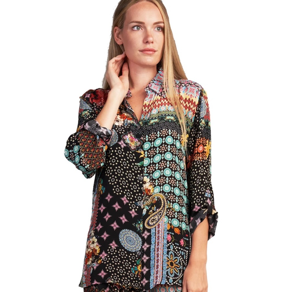 Shana Slik multi color button up blouse size large split side floral paisley